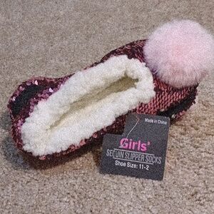 NWT Pink Sequin Slipper Socks for Girls with Pink Pom On The Toe